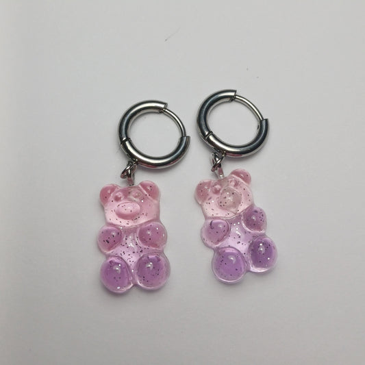 Pink/purple glitter gummy bear earrings