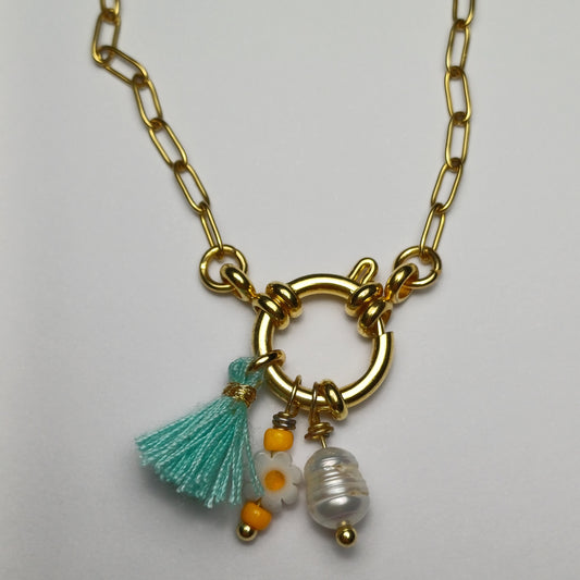 Turquoise orange seawater pearl chain