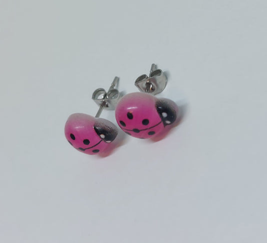 Pink ladybug earrings gold