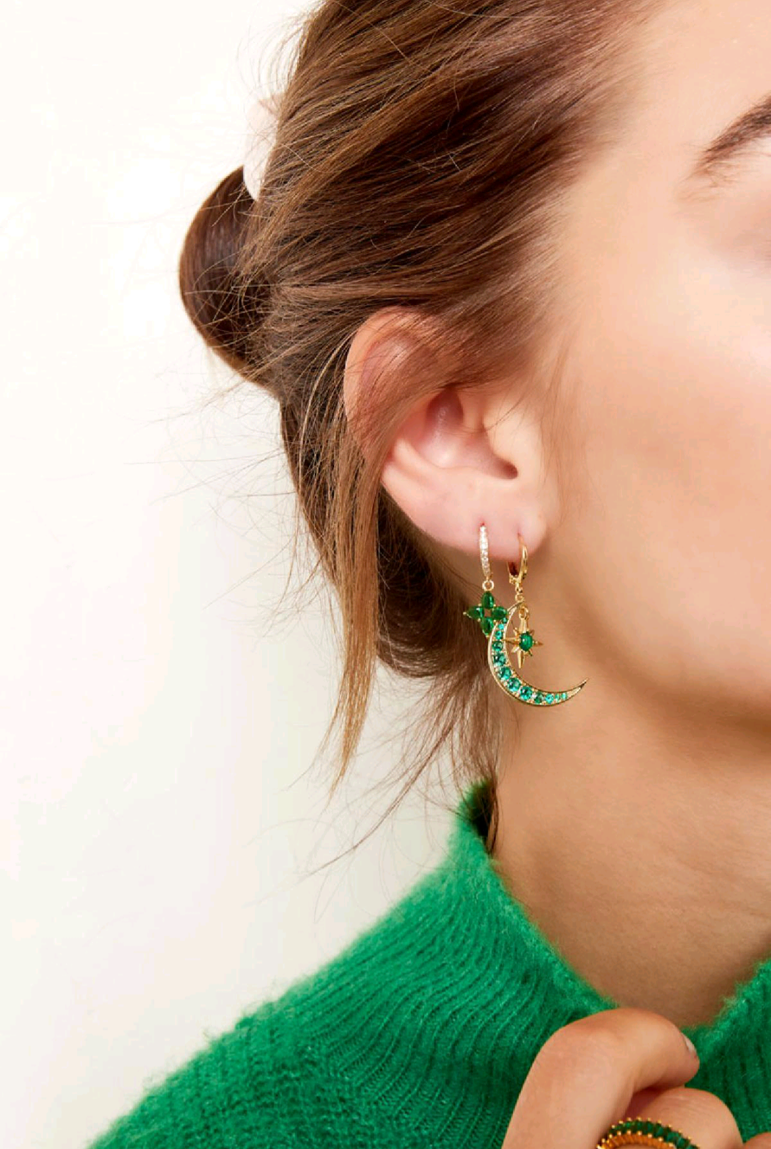 Earrings moon &amp; star green copper