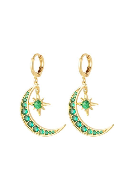 Earrings moon &amp; star green copper