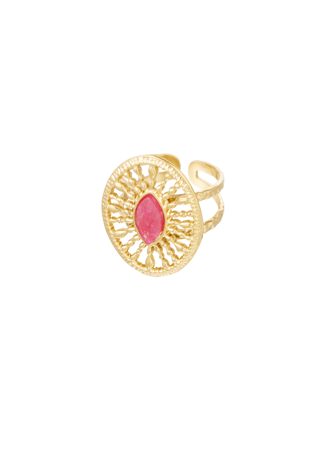 Ring rond barok met steen fuchsia.